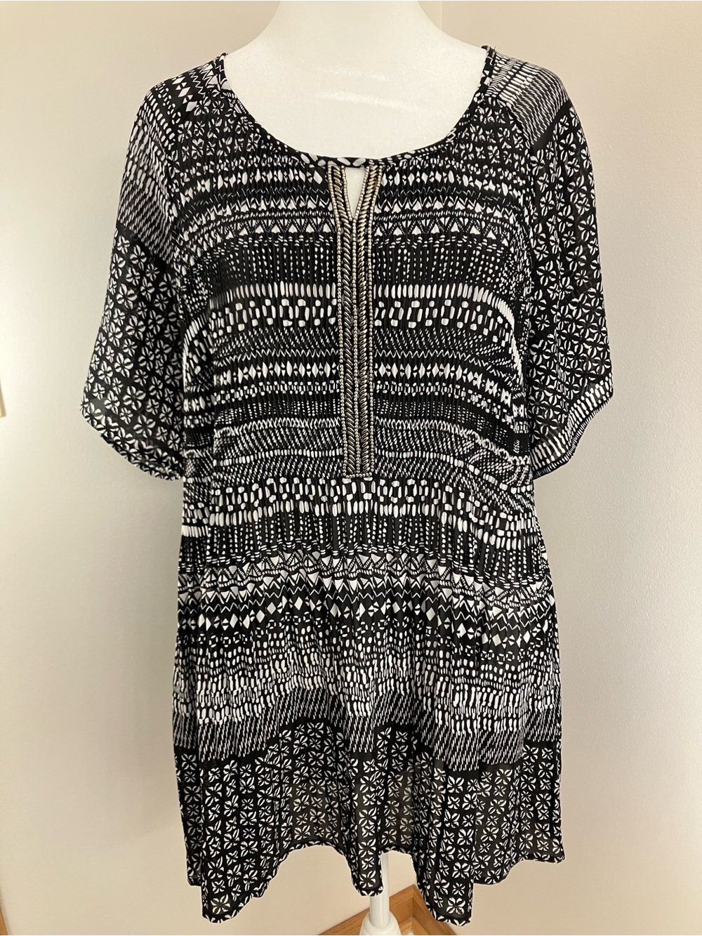 Catherines Black & White Printed Tunic with Keyhole Trimmed with Silver Beads